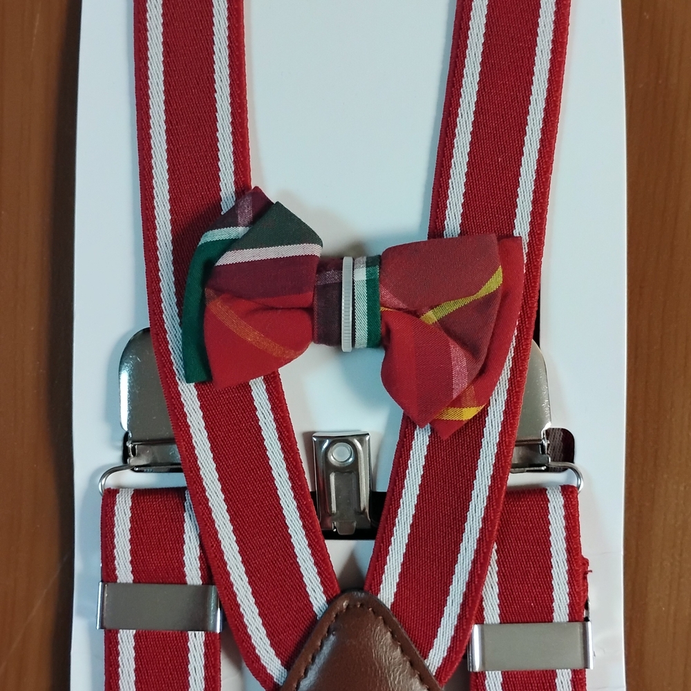 Gymboree Red and White Striped Suspenders with Multicolor Bow Tie